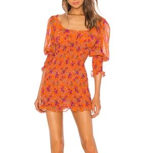 For Love & Lemons Peony Mini Dress in Tangerine